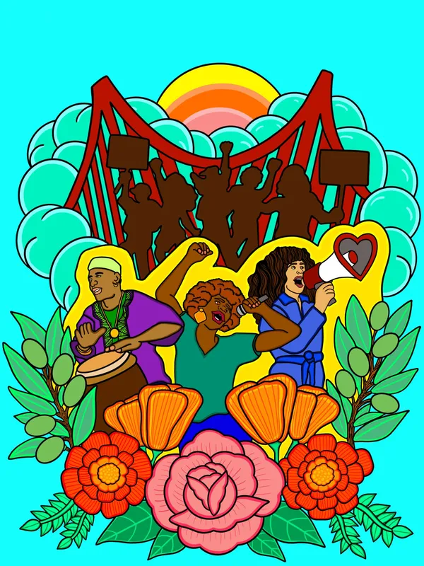 Vibrant artwork depicting musicians, singers, and the Golden Gate Bridge with flowers, created by Francis Mead for Our Freedom Festival